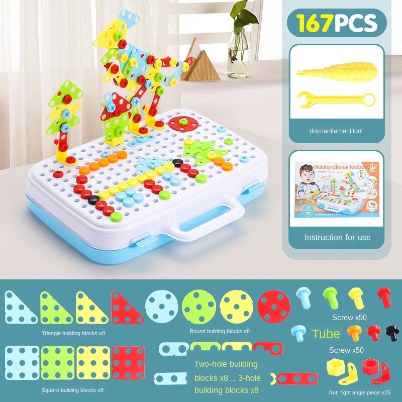 Taladro de juguete eléctrico 3WBOX para niños, herramienta de simulación, juguete ensamblado, juego de modelos DIY, juegos de construcción educativos, juguetes para atornillar: 167pcs