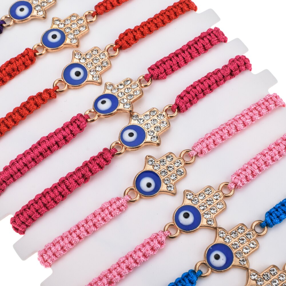 Pulseira feminina de 12 fábricas, bracelete trançado ajustável, corrente, azul turco, mau olhado strass