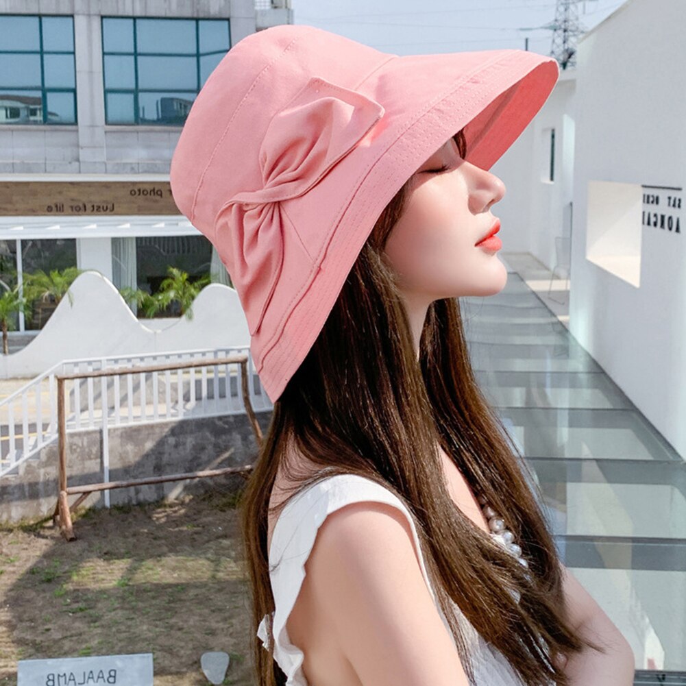 Women Solid Color Bowknot Wide Brim UV Protection Summer Sun Hat Bucket Cap