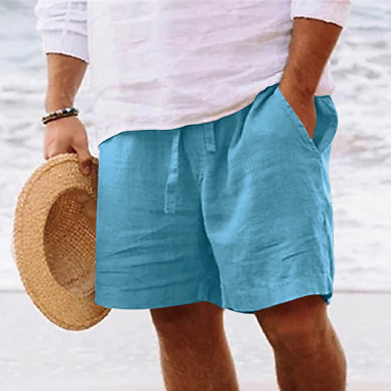 Pantalones cortos de lino y algodón para hombre, Bermudas de cinco puntos, cintura elástica con cordón, pierna recta, Color sólido, transpirables, uso diario en la playa