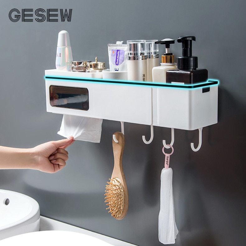 Gesew Punch-Gratis Planken Voor Keuken Organizer Badkamer Multifunctionele Rek Met Haken Shampoo Holder Box Badkamer Accessoires