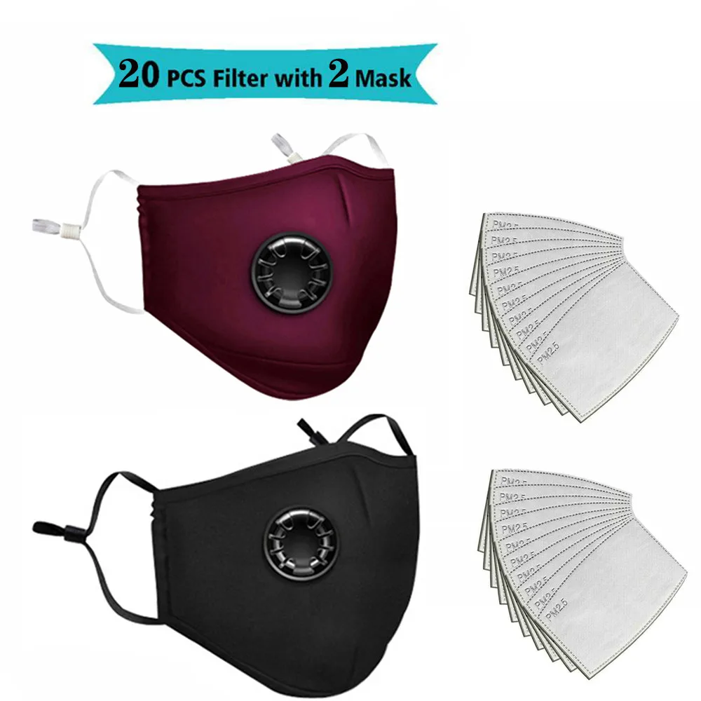 Herbruikbare wasbare gezichtsmaskers met 10 vervangbare pm2.5-filter Mondstof Winddicht katoenen ventielmasker met brilmasker: Transparant