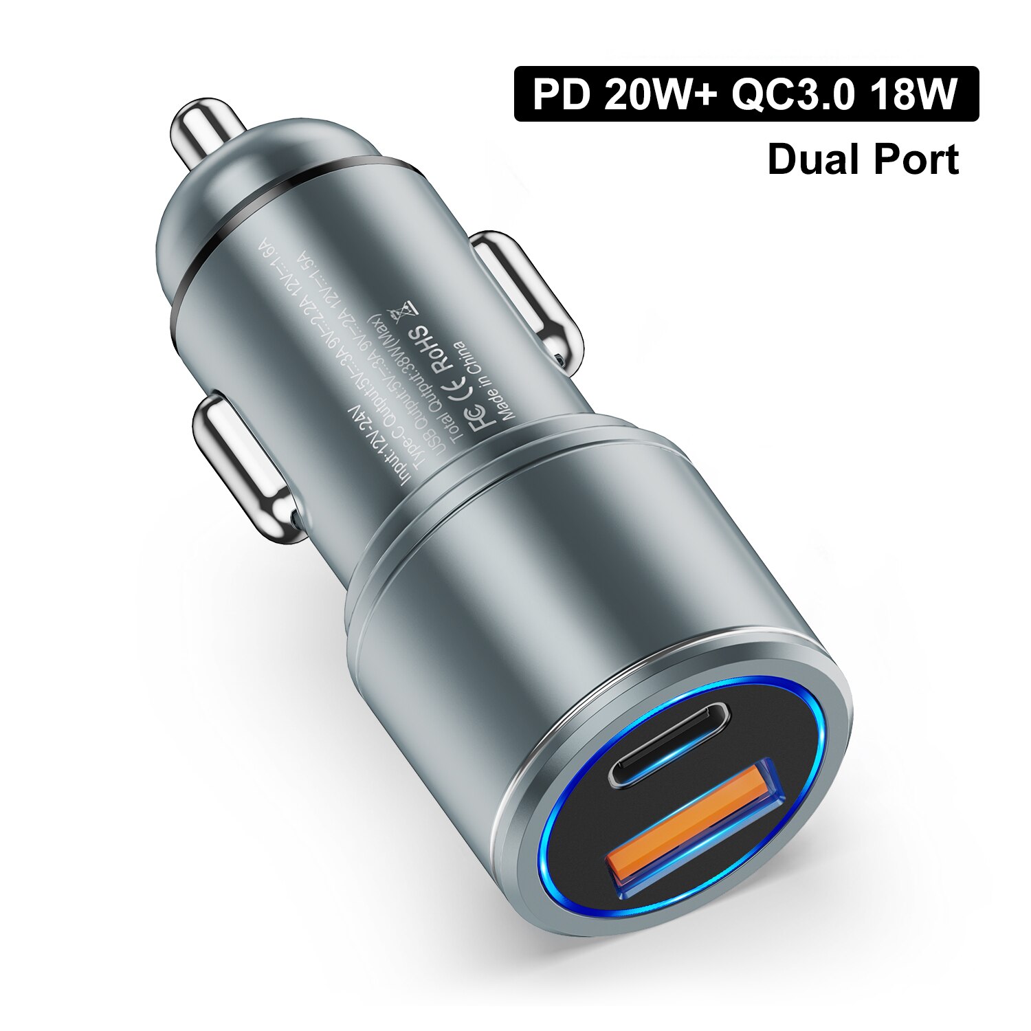 38w usb car charger fast charging type-c qc  pd 3,0 fast charging car phone charger for iphone 13 12 pro max 11 xiaomi: Gray