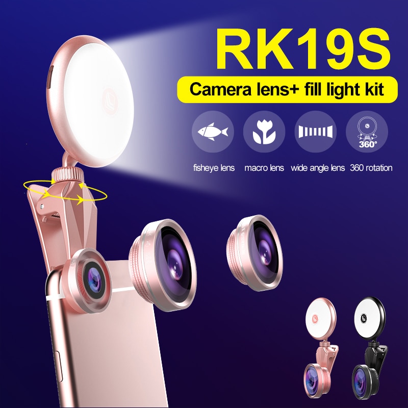 RK19S LED Selfie Flash Licht Vullen Licht Warm &amp; Koud Lampen Met Brede Hoeken Fisheye Marcro Lens 360 Rotatie Voor iPhone Huawei Vivo