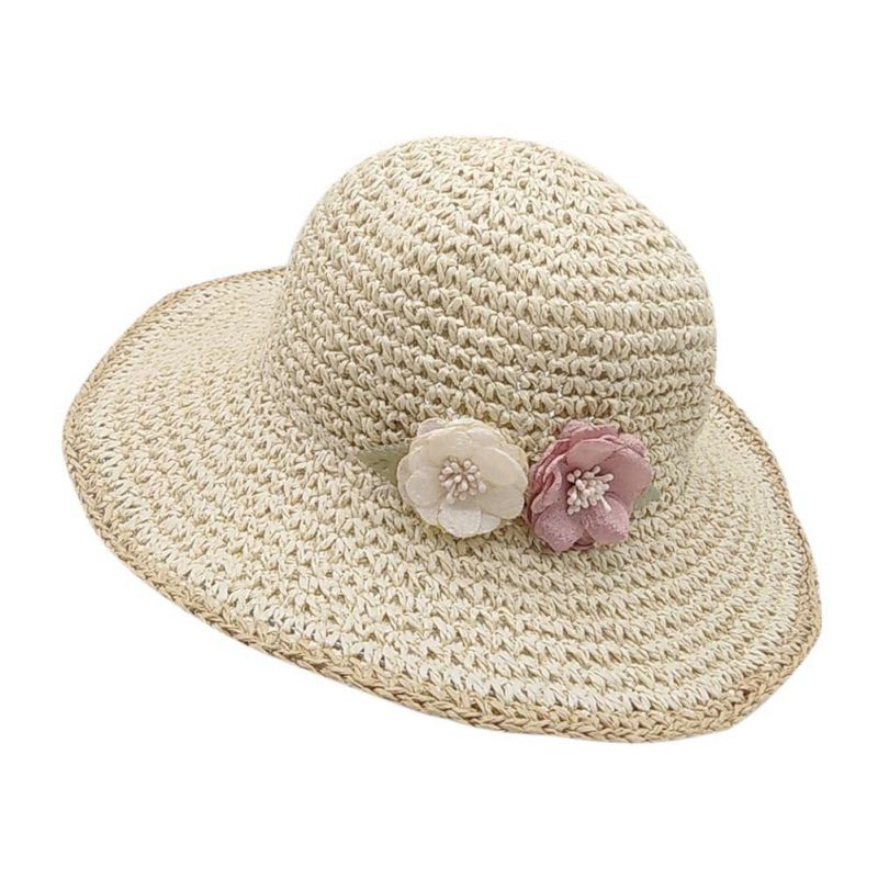 Zomer Leuke Kind Meisjes Strooien Hoed Zon Flora Hoed Kids Grote Rand Strand Schipper Strand Lint Ronde Platte Top