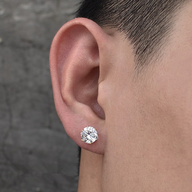 Pendientes clásicos de lujo para hombre, aretes redondos de cristal de Color dorado, joyería de Hip Hop, pendientes de piedra de circonita blanca para hombre