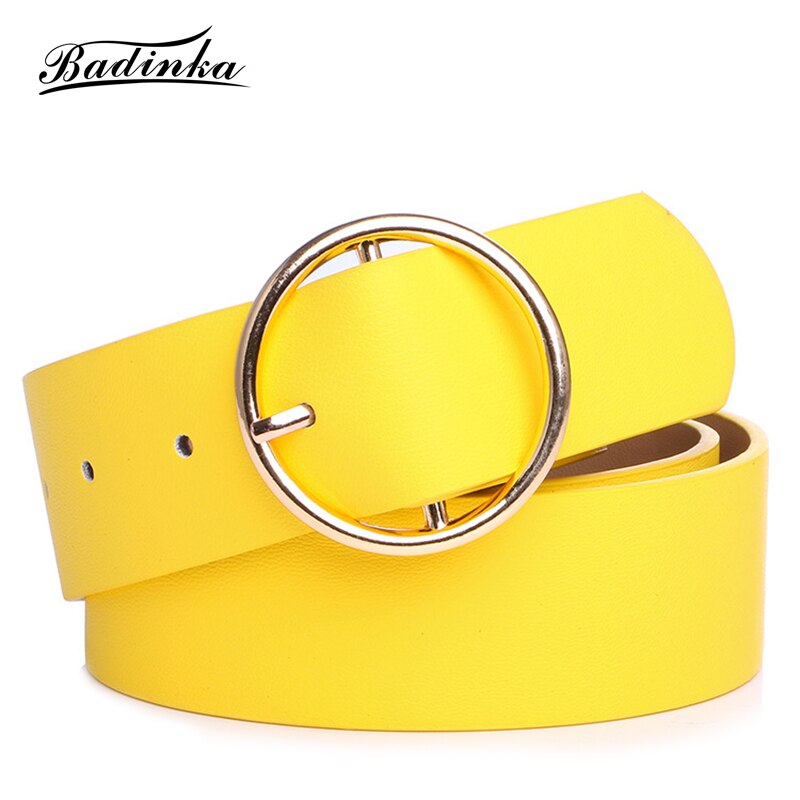 Badinka Neue Runde Metall Kreis Gürtel Bund Damen Breit Weiß Schwarz Gelb Pu Faux Leder Taille Gürtel für frauen