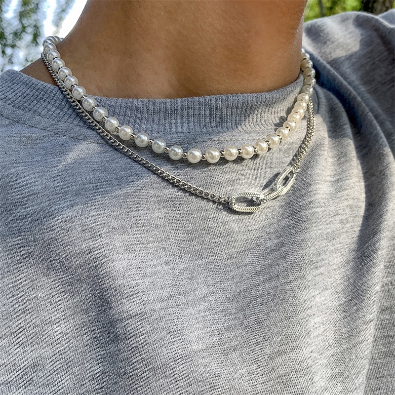 retro Kreative Geometrische Nachahmung Perle Halskette Persönlichkeit Hüfte hüpfen Stil Männer und Frauen Gleichen Schmuck Zubehör: Silber-