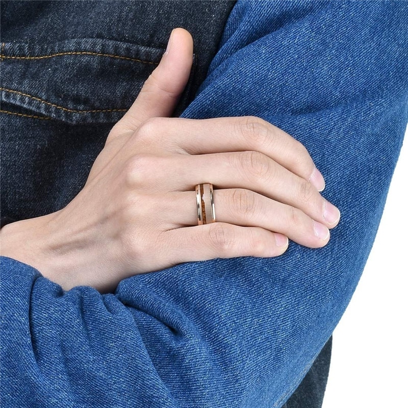 Stainless Steel Rose Gold Colour Wedding Rings Koa Wood Engagement Rings Comfort Fit And Men's Tungsten Party Jewelr