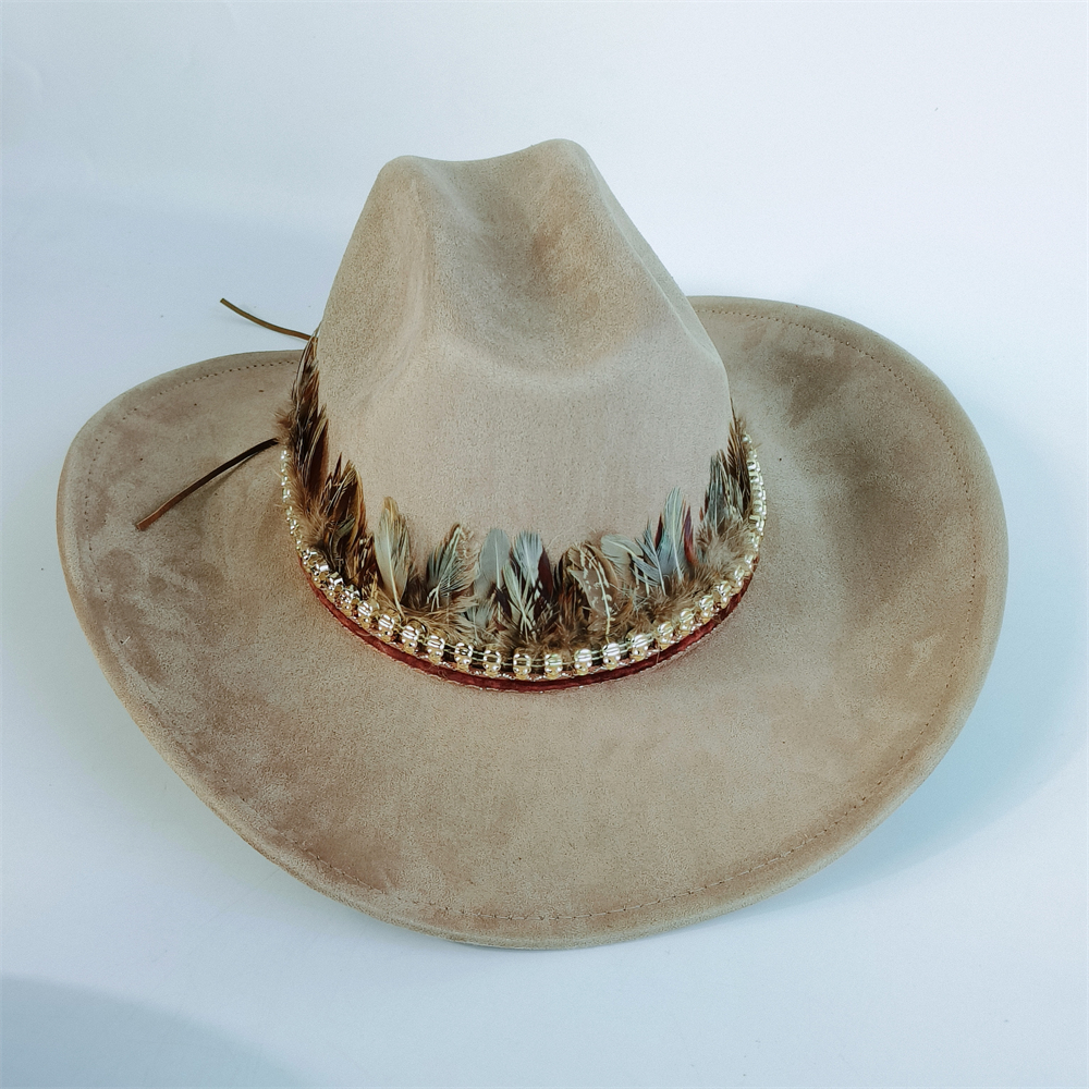 ethnic Vegan Suede Cowboy Hat wide brim feather Cowgirl hat party Western Cowboy hat Cattleman Style knight hat: GRAY