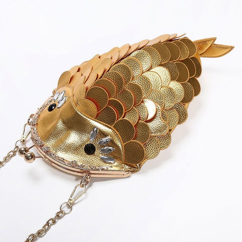 Sj dames leren schoudertassen ketting messenger bag italië handwerk cartoon 3d goudvis schubben map trend single: Goud