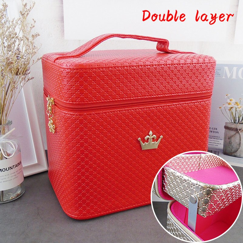 Cosmetic Bag Women Noble Crown Large Capacity Makeup Organizer Portable Brush Storage Case ZF9531: Red(Double layer)