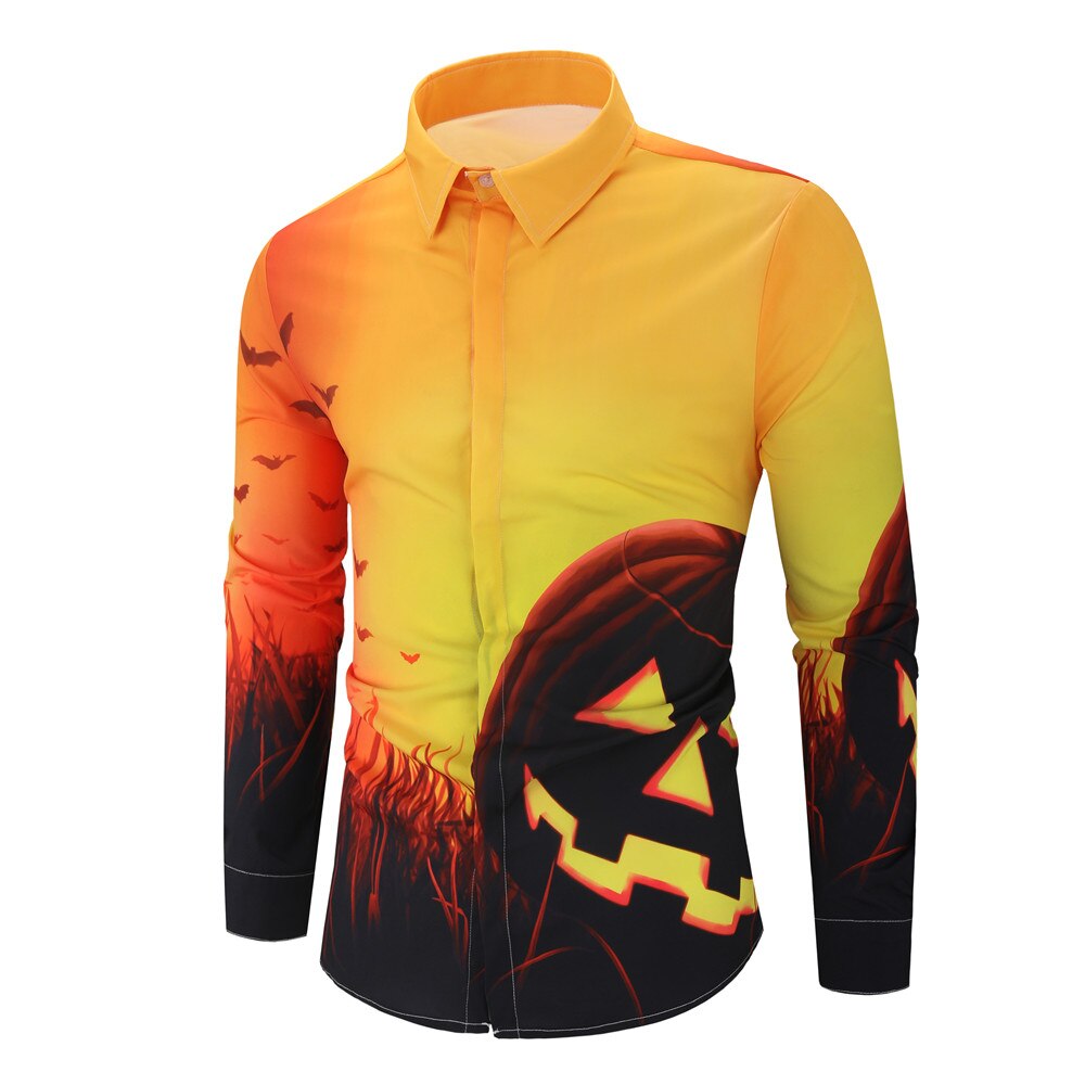 Male Shirt Casual Long Sleeve Button Shirt for Men Halloween Printed Pumpkin Shirts Men Plus Size: XXL