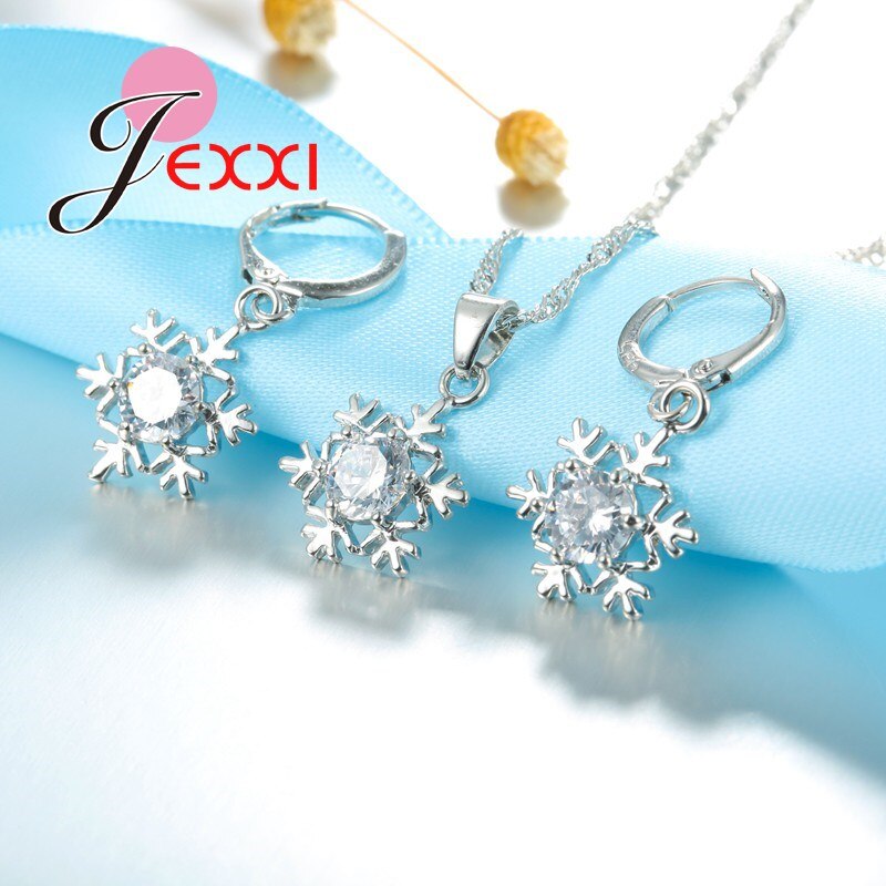 Exquisite Sneeuwvlok 925 Sterling Zilveren Sieraden Sets Met Ketting + Hanger + Ketting + Oorbellen Set