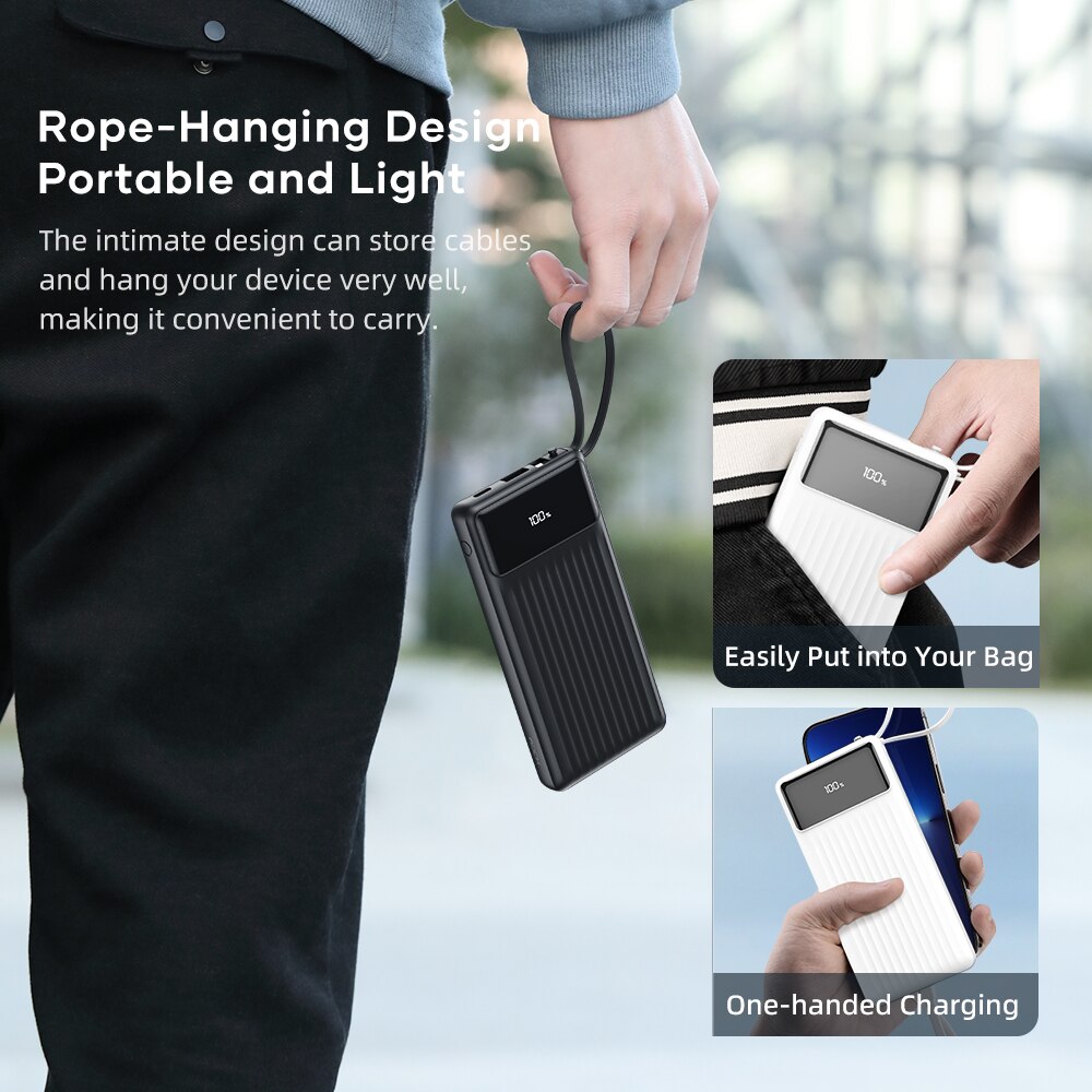 Rock 4 In 1 Power Bank 20000Mah Ingebouwde Kabel Powerbank Draagbare Snelle Opladen Type C Pd Poverbank Externe batterij Oplader