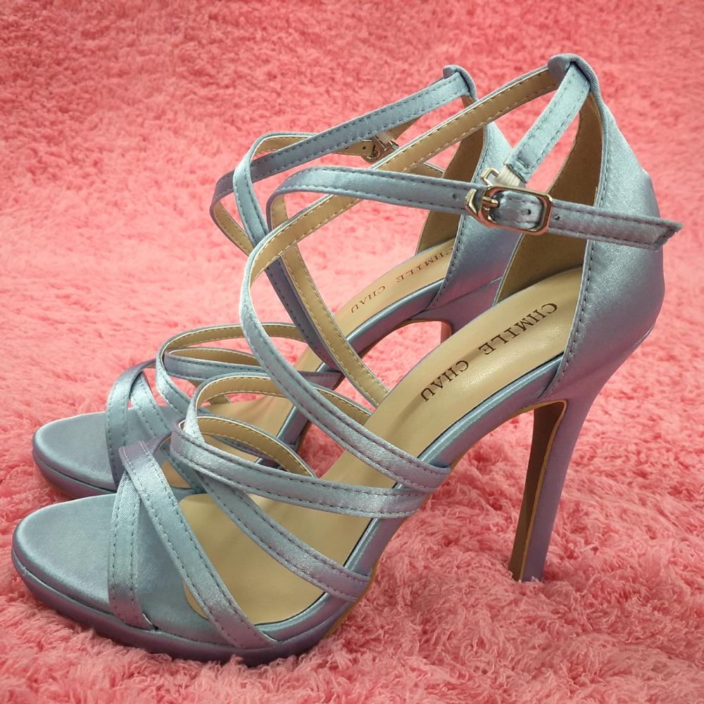 Sexy Sky Blue Satin Sandals High Heel Fiesta Party Women Sandal Summer Open Toe Ankle Strap Stiletto Platform 12cm Heel Shoe: 36