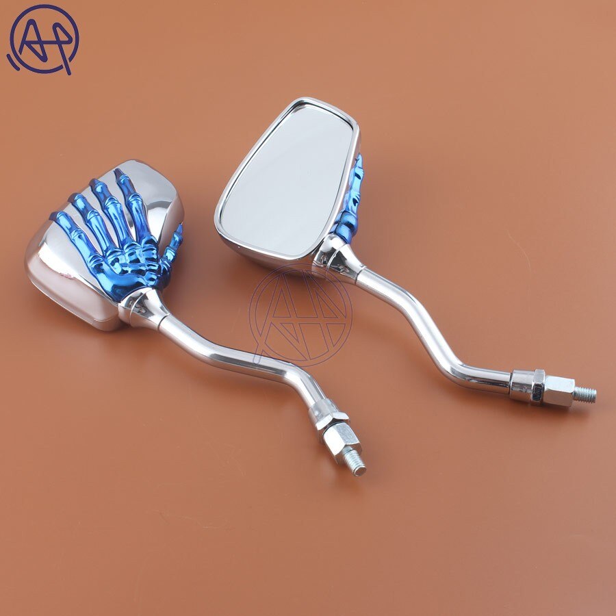 For All 10mm/8mm Mirror Bolt Honda Suzuki Motorcycle Chrome+Blue Metal Skeleton Skull Hand Claw Rear-View Clear Lens Side Mirror