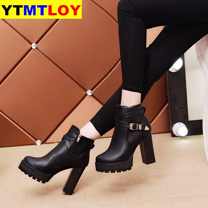 Botas cortas de cuero con estilo para mujer, botines sexis de invierno de tacón alto, zapatos para de boda para mujer, zapatos con hebilla de cristal 35-40