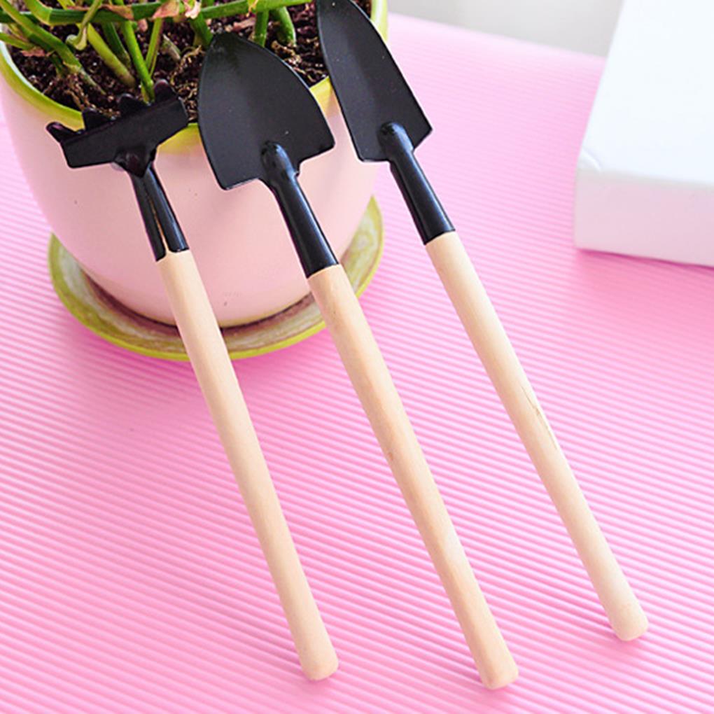 3pcs Mini Portable Gardening Tool Metal Head Shovel Rake Spade Plant Garden Soil Raising Flowers Wooden Handle Tool Set Garden