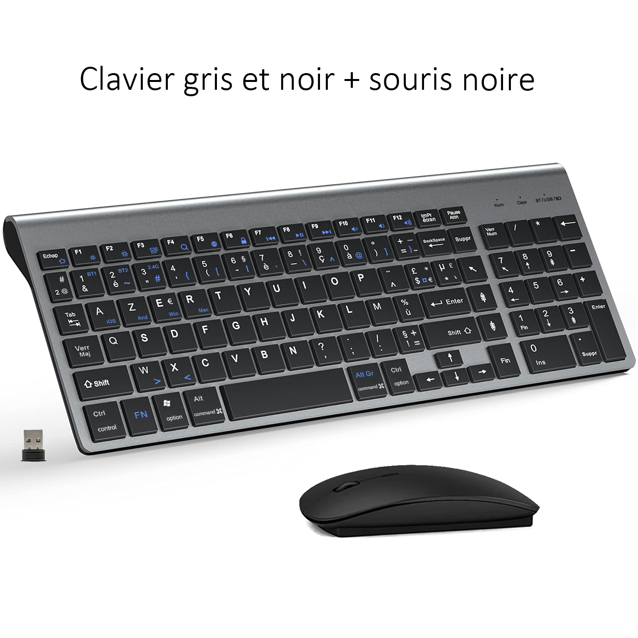 AZERTY-Layout, französische, ultraschlanke Dual-Modus-Bluetooth-Tastatur- und Maus-Kombination mit drei Kanälen für PC, Laptop, Windows, iOS, Mac und Android: Grau