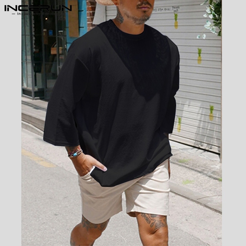 Heren Casual T-Shirt - Katoen 3/4 Mouw Ronde Hals Wijde Streetwear