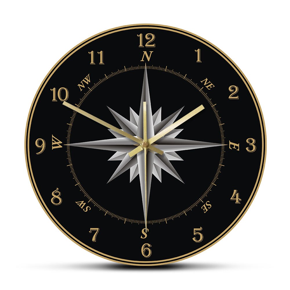 Mariner's Compass Wall Clock Compass Rose Nautical Home Decor Windrose Navigation Round Silent Swept Wall Clock Sailor's: No Frame