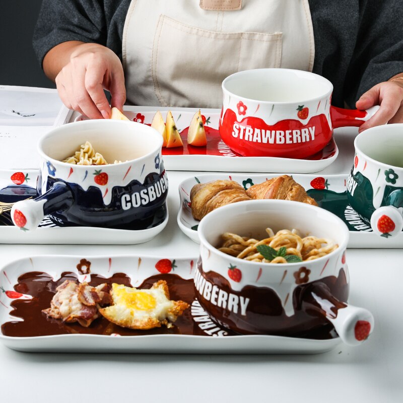 Juego de vajilla de cerámica con relieve, cuenco con mango, estilo nórdico, para desayuno, platos de postre, ensalada de leche, tazón con asa