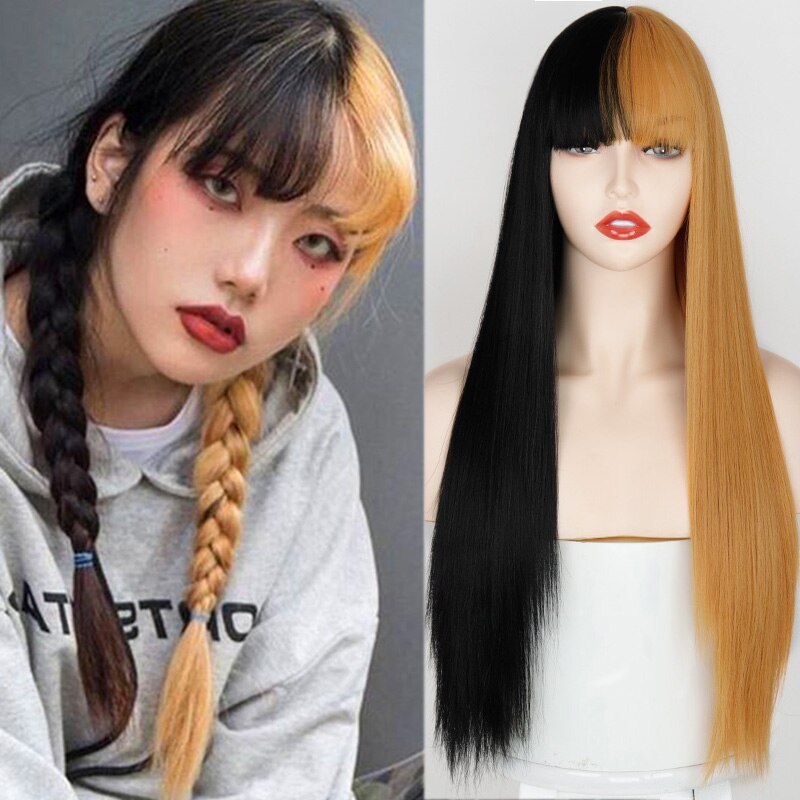 Synthetic wig Purple and Black Wig Long Straight hair Cosplay Wig Halloween wig Two Tone Ombre Color Women Hair Wigs Pink Green: 1B-114