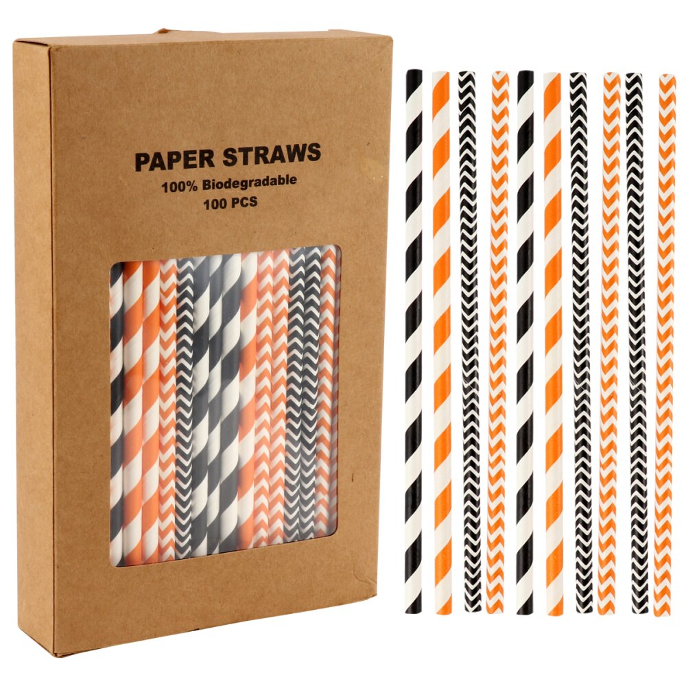 100 stuks gestreepte, mooie halloween-papieren rietjes, decoratieve rietjes voor halloween-feestjes