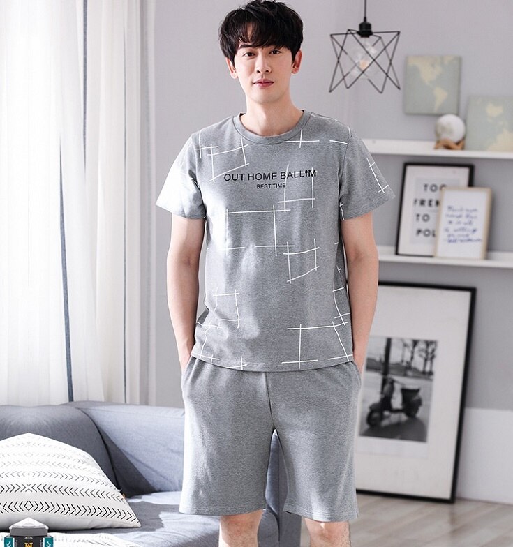 pijamas de verano para hombres, Conjunto de pijama de manga corta para hombres, pijamas de algodón puro para hombres, ropa de dormir para hombres, ropa de casa: XXL