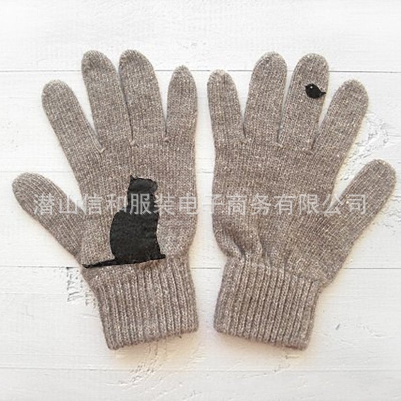 Tegneseriekat strikkede handsker kvinder vinter varm udendørs ridning tykkere trykte koldt bevis efterligning kashmir ren farve bløde handsker