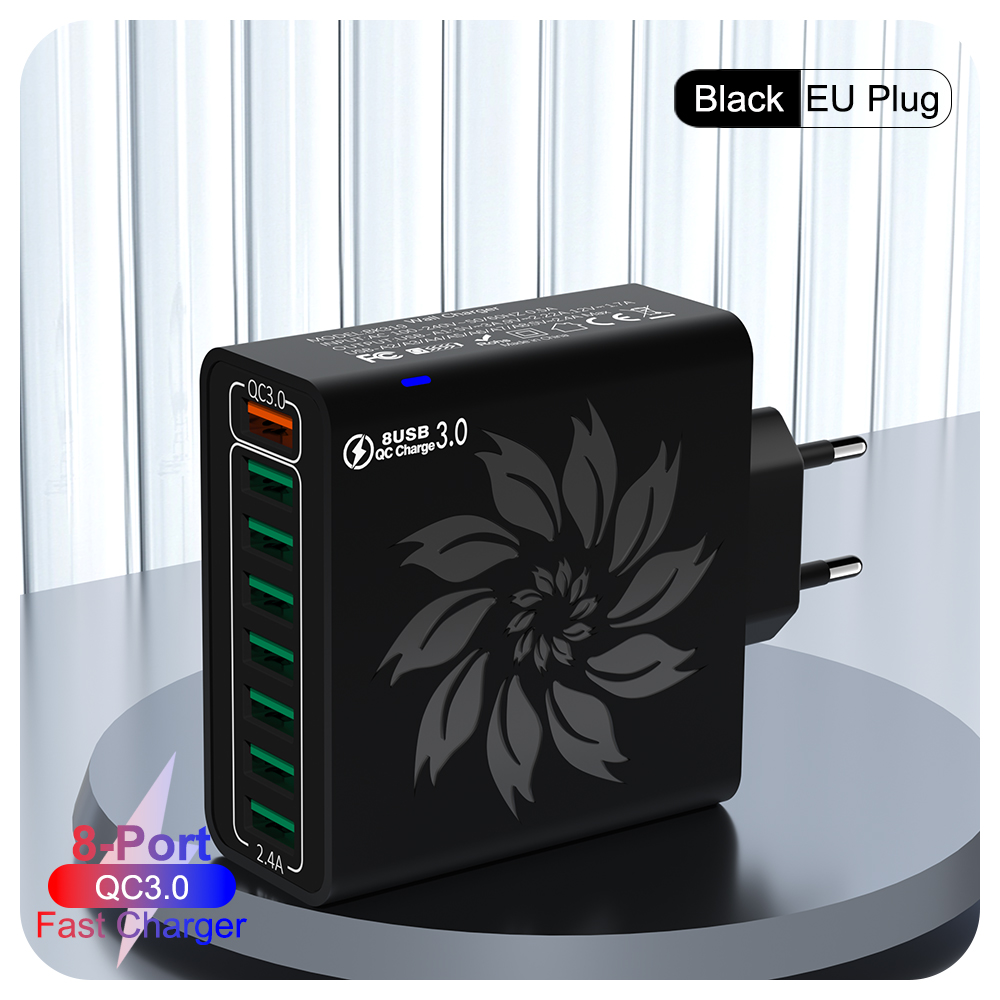 65W Huishoudelijke 8 Poorten USB-oplader met datakabel voor meerdere apparaten USB Snel opladen Muuradapter Quick Charge 3.0 Oplader: Geel