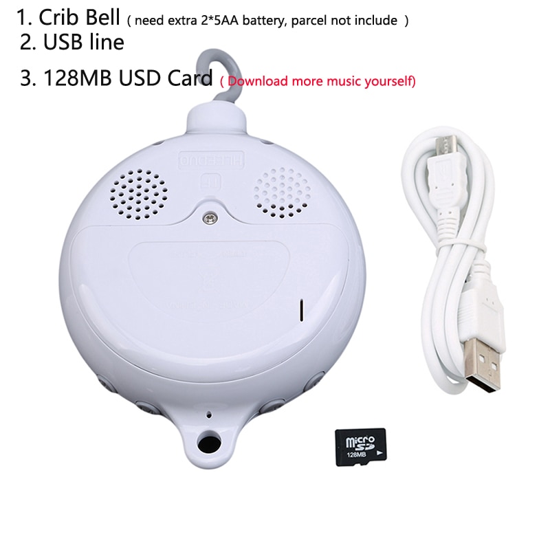 Lied Rotary Mobiele Baby Crib Rammelaars Bed Bel Speelgoed Batterij-aangedreven Beweging Muziekdoos Kinderwagen Opknoping Bell Speelgoed + 128Mb Sd-kaart