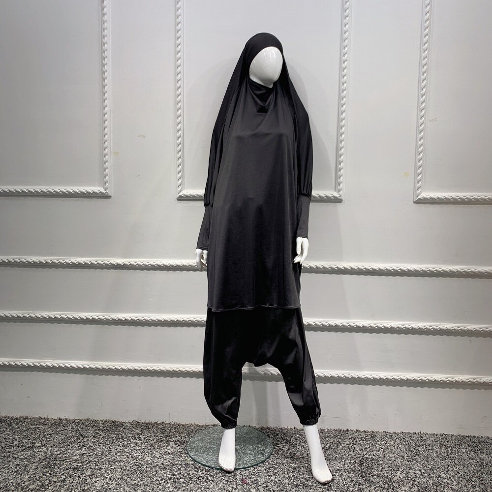 2 sztuka zestaw modlitwa odzież pełna pokrywa sukienka Abaya Eid Ramadan muzułmański islamski długi Khimar Jilbab szaty kobiety workowate spodnie haremki: Black