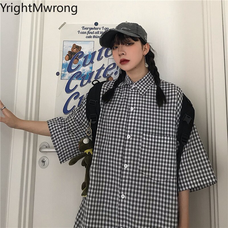 Streetwear Harajuku Woman Man Korean Button Up Short Sleeve Pocket Plaid Shirt Hip Hop Blouse Summer Casual Plus Size T