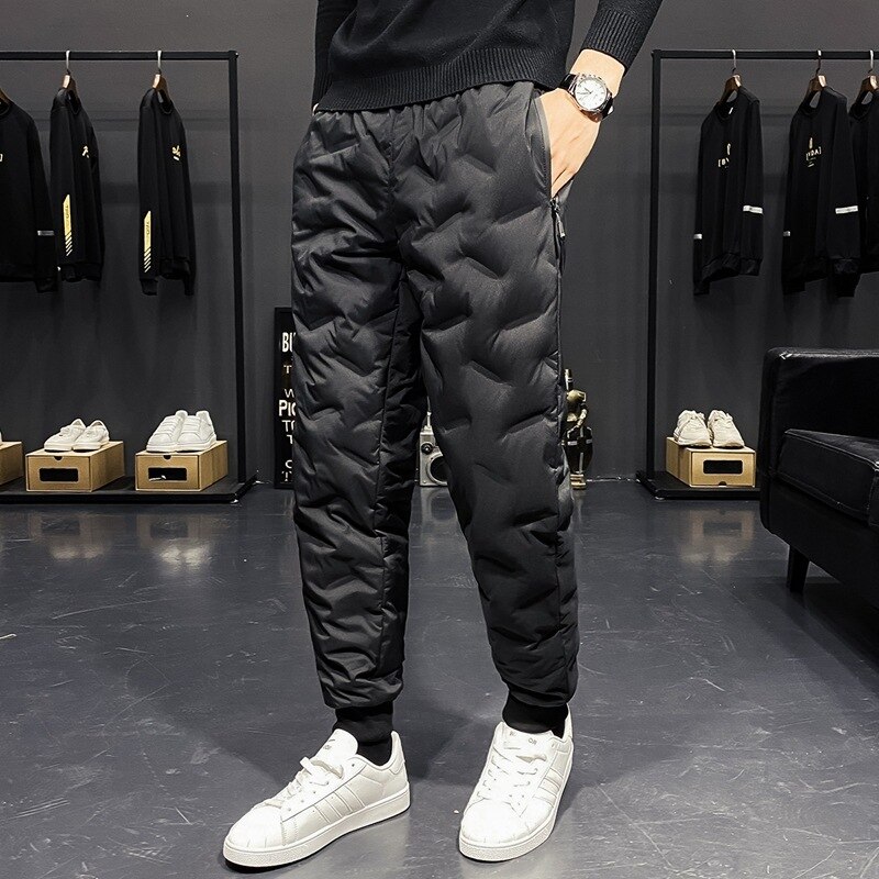 Pantalones acolchados de invierno para hombre, ropa de abrigo, elástica, con cordones, Color sólido, para jóvenes,