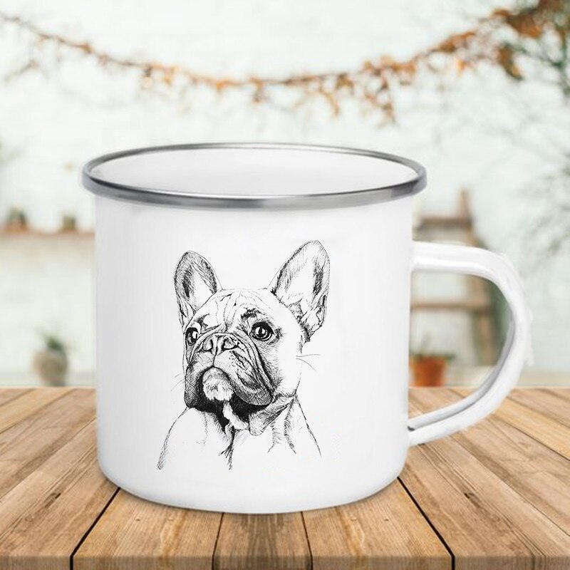 Taza de esmalte con estampado de Bulldog, tazas creativas para café, té, desayuno, leche, Camping, con asa, para amantes de los perros: XH2216-A015WH-8