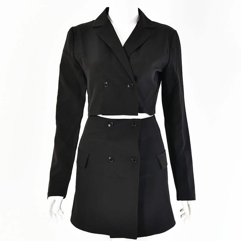 Blazer Rosa para mujer, conjunto de dos piezas de falda de manga larga con botones y cuello vuelto, conjunto a juego de cintura alta de falda,: Negro / S