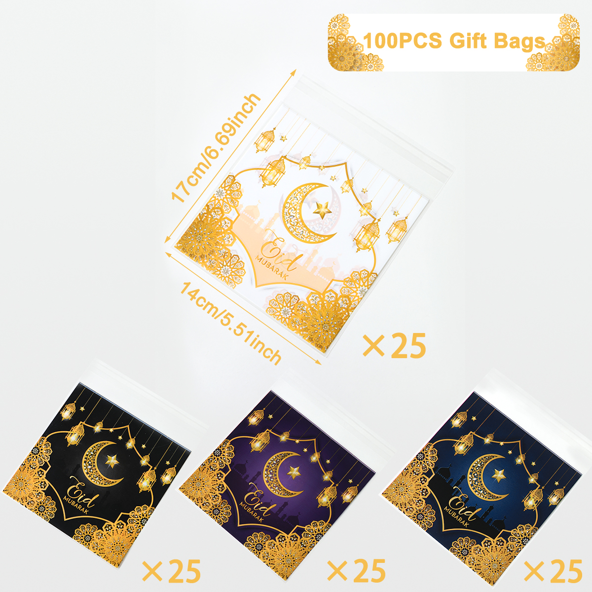 Eid Mubarak Geschenkzakken Plastic Zak Koekje Snoep Ramadan Kareem Decoratie 2025, Islamitische Moslim Feestverpakking Zakje: WHITE