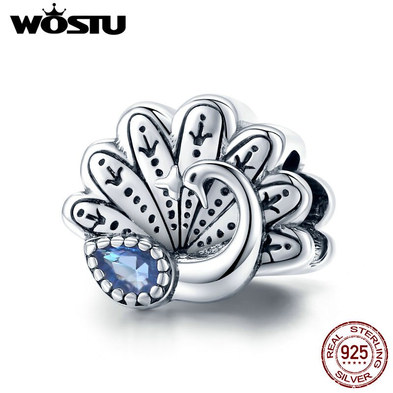 Wastu, Vintage, pavo real, Retro, dije de cuentas de Metal para mujer, pulsera de lujo europea de Plata de Ley 925, joyería de