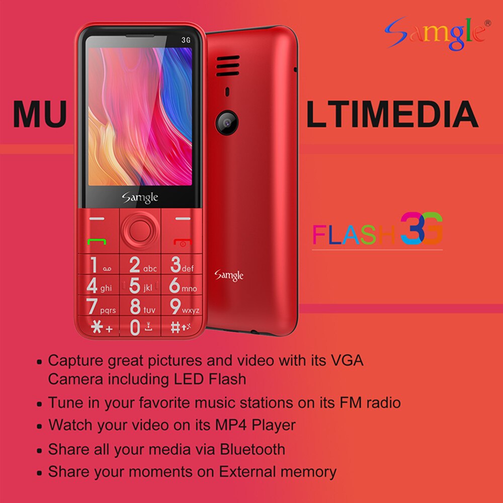 Samgle F5 Flash WCDMA 3G Bar Feature Mobile Phone Speed Dial 2.8" Color Display Flashlight Whatsapp Big Keyboard Phone For Elder