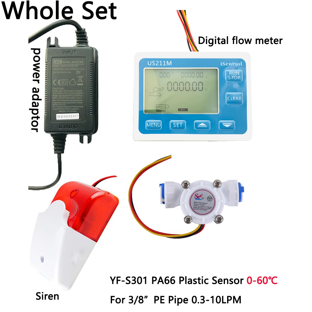 US211MA Water Flow Meter Totalizer Alarmer And Plastic YF-S301 60 Degree Liquid Flow Sensor Turbine Fowmeter For 3/8" PE Dijiang