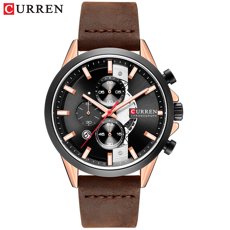Curren relógios masculinos marca de luxo cronógrafo relógio masculino homem relógio de pulso de couro à prova dwaterproof água: rose black