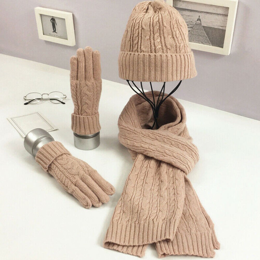 Nyeste vinter kvinder uldne tykke strik hat tørklæde handsker sæt varm blød strikket uld sæt: Lyserød