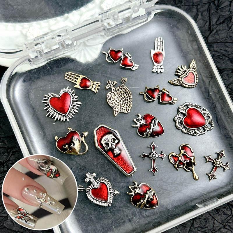 Nuevos dijes de aleación Retro para uñas con forma de corazón, Cruz de Metal 3D, calavera, prensa francesa, accesorios de decoración para uñas, manualidades DIY Y2K