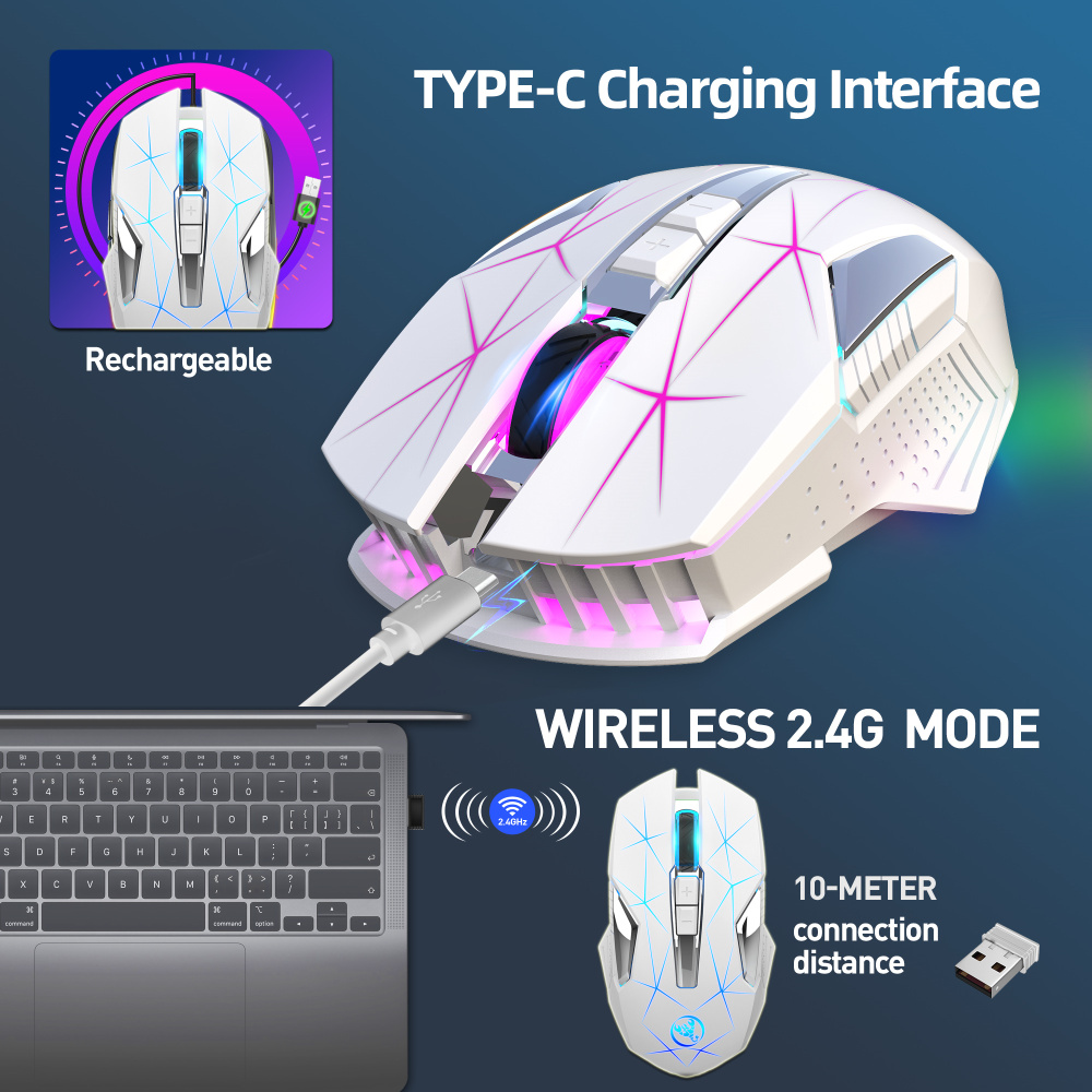HXSJ T300 2.4G Luminous Wireless Mouse Built-in 600mAh Battery Rechargeable 2400DPI Adjustable Game Office Suitable