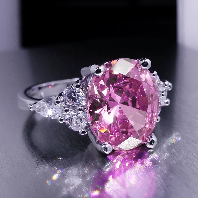 Anillo de circón rosa de piedra ovalada grande, anillos de compromiso de cristal de lujo para mujer, joyería de boda de Color plata y oro rosa Vintage: 8 / Negro