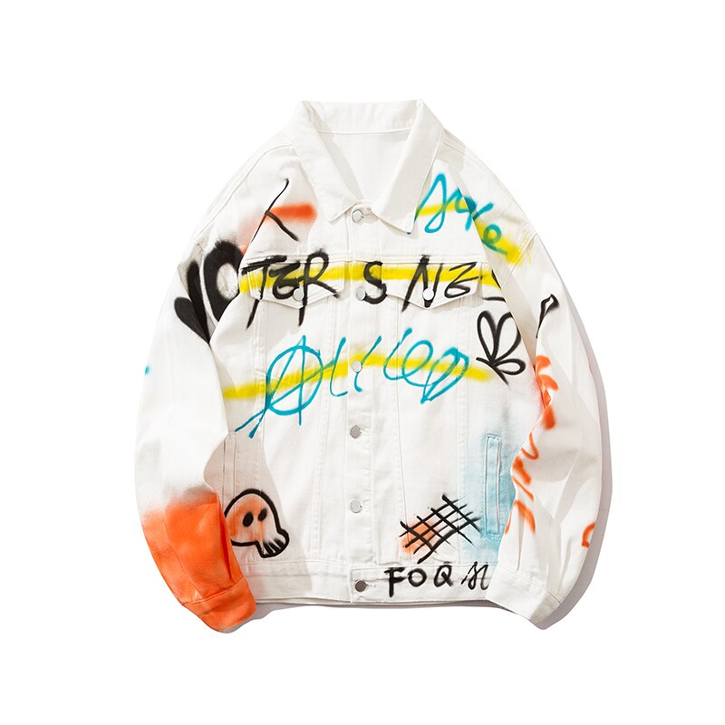 Graffiti Print Wit Denim Jassen Streetwear Hip Hop Casual Punk Rock Jeans Jas Jassen Uitloper Hipster Tops WQ173