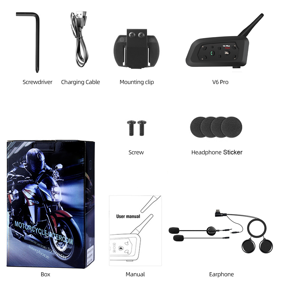 V6 PLUS Motorcycle Helmet Intercom Bluetooth Headset 1500M for 6 Riders Full Duplex Communicator Waterproof Music Player: Blue