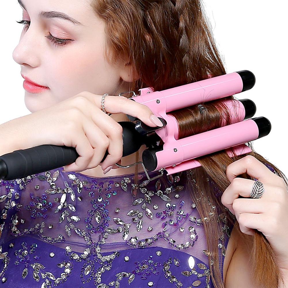 3 Barrels Big Wave Hair Curling Automatic Perm Splint Nano-Titanium Ceramic Iron Hair Waver Curlers Styling Pink Salon Tools